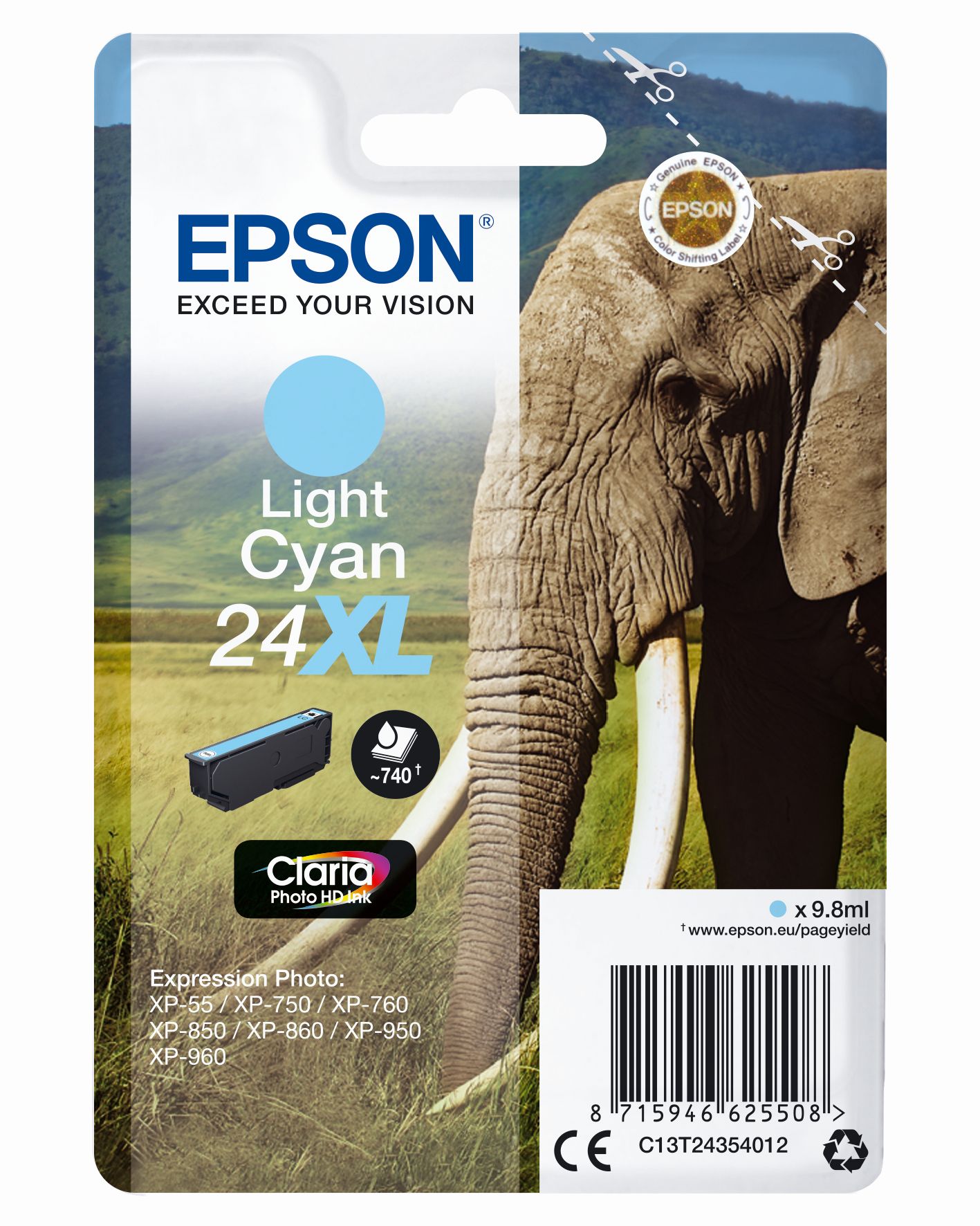 Tintenpatrone in Light Cyan für Epson Drucker. Verpackung zeigt ein Elefantenmotiv.