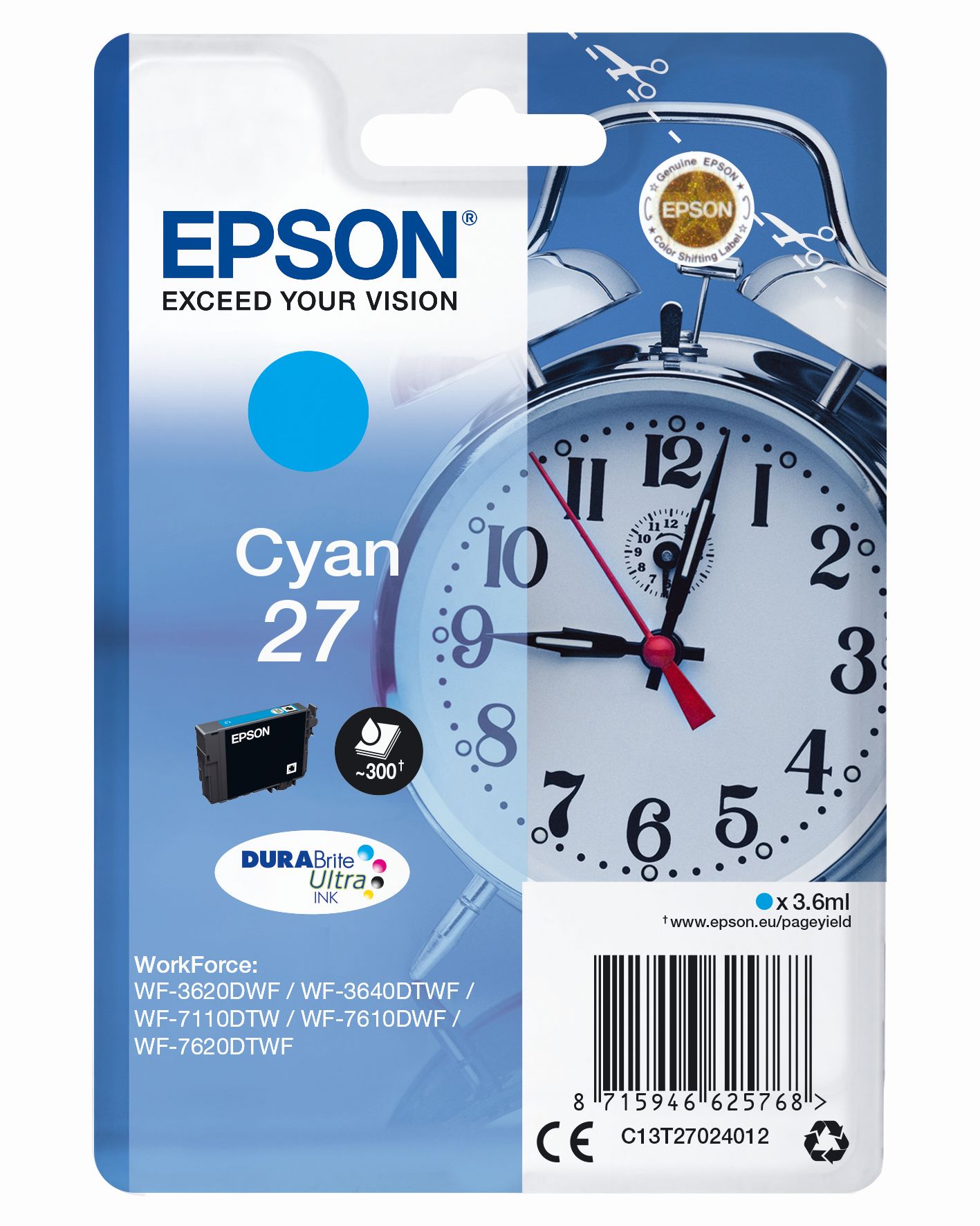 Tinte in Cyan für Epson Drucker. Verpackung zeigt eine Uhr und enthält Informationen zu Druckermodellen.