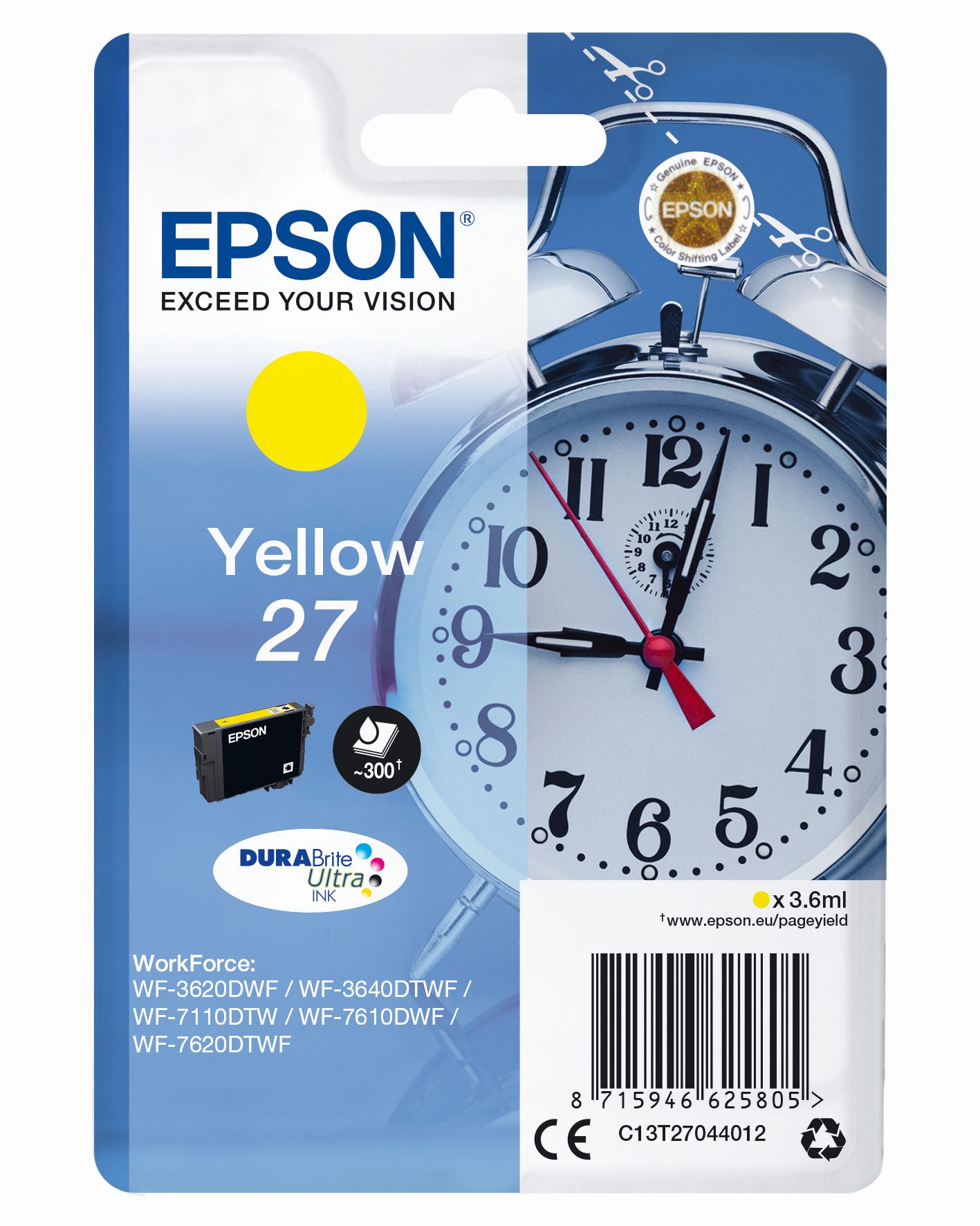Gelbe Tinte von Epson für Drucker. Verpackung zeigt eine Uhr und enthält Informationen über die Kompatibilität.