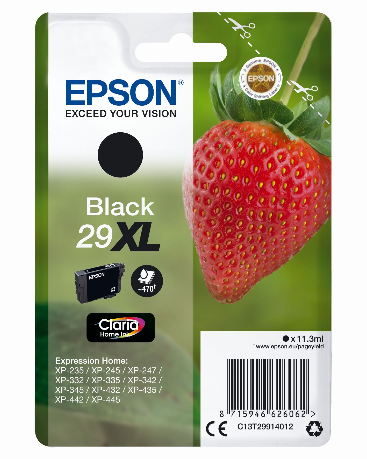 Schwarze Tintenpatrone von Epson, Modell 29XL. Verpackung zeigt eine Erdbeere. Inhalt: 11,3 ml, geeignet für verschiedene Druckermodelle.