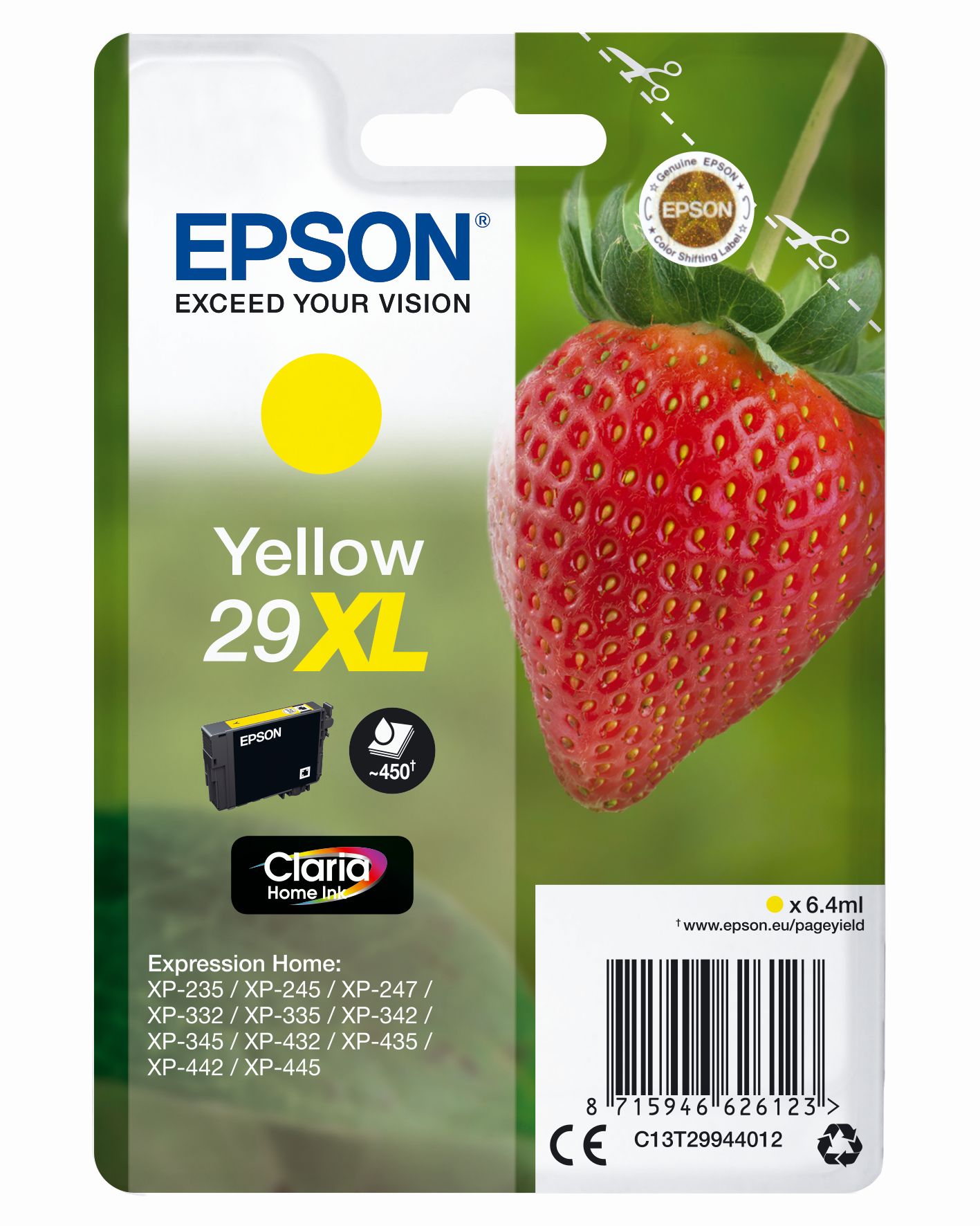 Gelbe Druckerpatrone von Epson, Modell 29XL. Abgebildete Erdbeere und Informationen zur Tintenmenge.