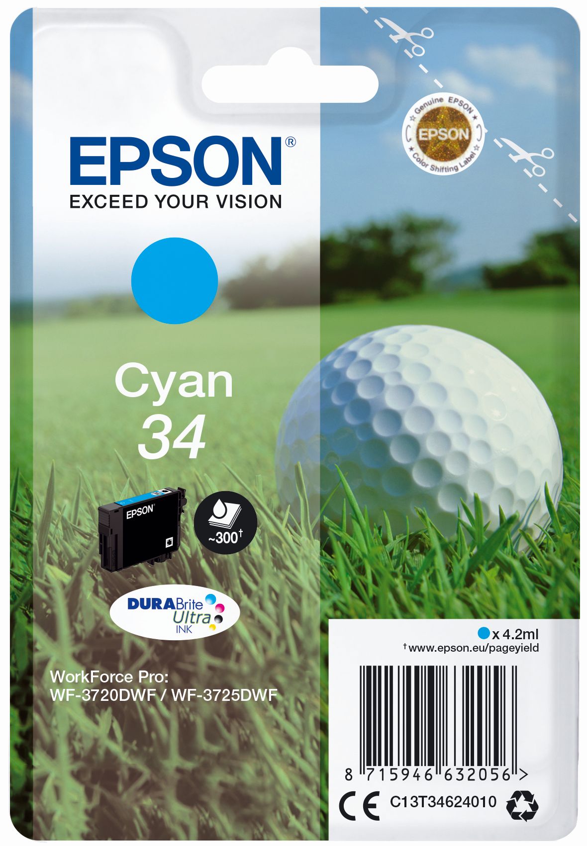 Cyan Tintenpatrone von Epson. Verpackung zeigt eine Golfball-Szene auf grünem Rasen.