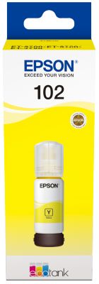 Gelbe Tinte für Epson Drucker im Flaschenformat. Verpackung zeigt Marke und Produktnummer.