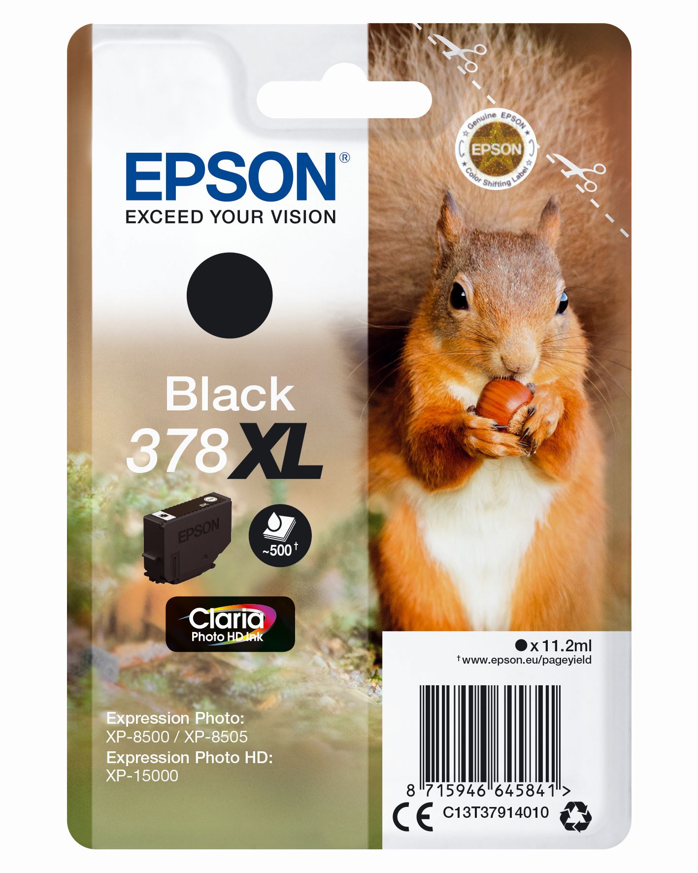 Schwarze Tintenpatrone von Epson, Modell 378XL. Abgebildet ist ein Eichhörnchen, das eine Nuss hält. Verpackung mit technischen Details und Barcode.
