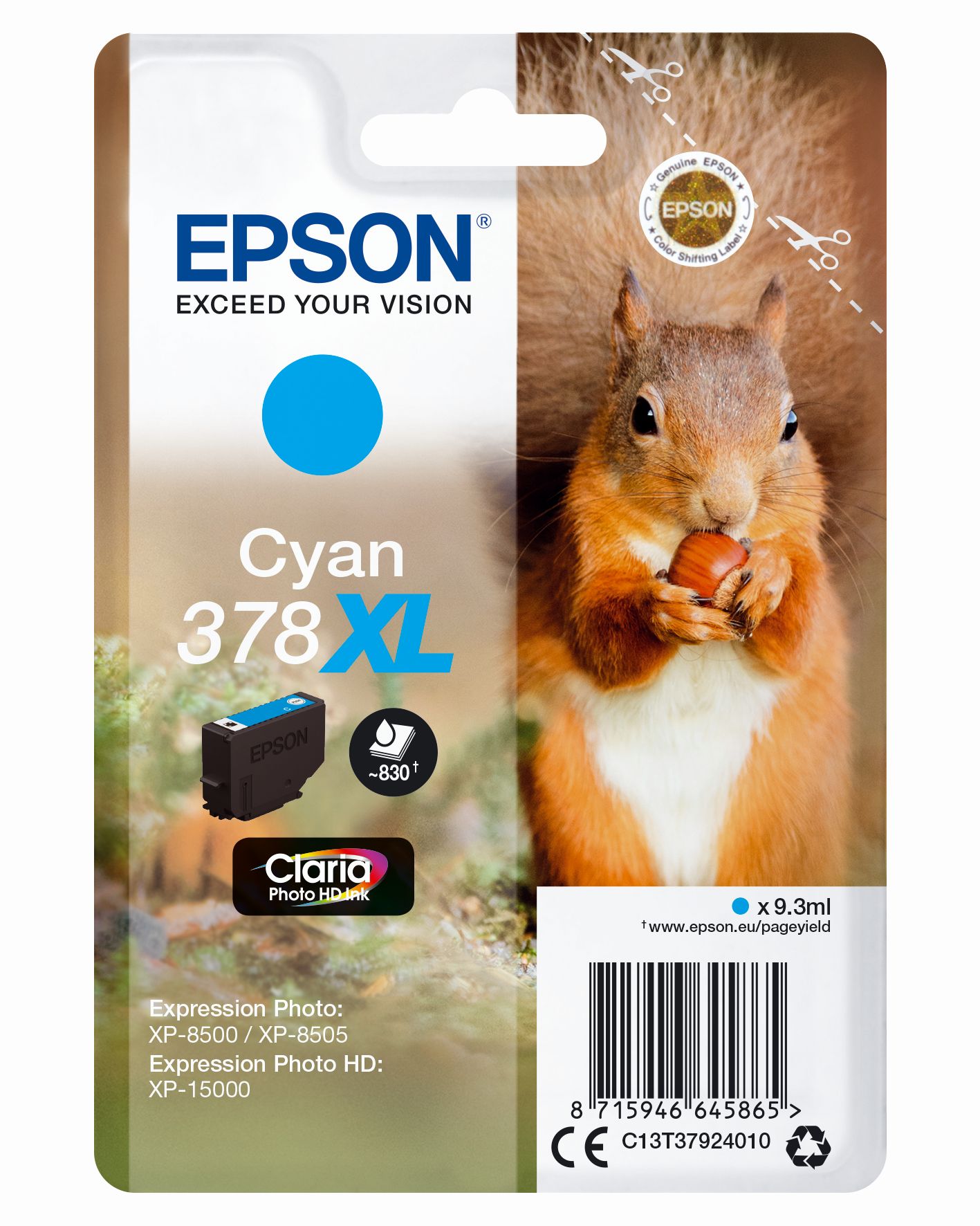 Cyanfarbige Druckerpatrone in Verpackung. Abgebildet ist ein Eichhörnchen, das eine Nuss hält.