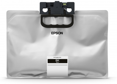 Schwarze Tintenpatrone von Epson in einer transparenten Verpackung. Die Verpackung hat einen Griff und eine einfache Beschriftung.