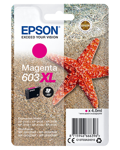 Magenta Tintenpatrone der Marke Epson. Verpackung zeigt einen Stern und Sand.