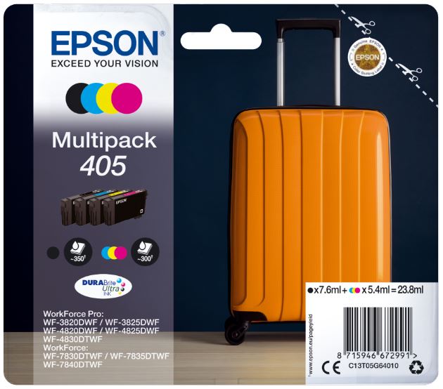 Epson Multipack 405 mit Tintenpatronen in Schwarz, Cyan, Magenta und Gelb. Verpackung zeigt einen orangefarbenen Koffer.