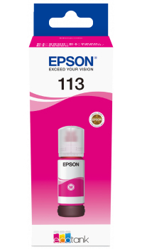 Tinte für Drucker in pinker Flasche. Verpackung mit dem Schriftzug Epson und der Nummer 113.