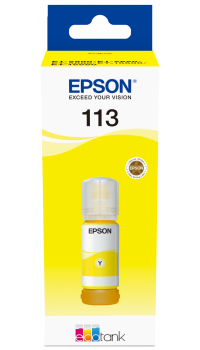 Gelbe Flasche mit Druckerpatrone. Beschriftung zeigt die Marke Epson und die Farbnummer 113.