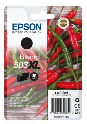 Schwarze Tintenpatrone von Epson, Modell 503XL. Verpackung mit roten und grünen Chilischoten.