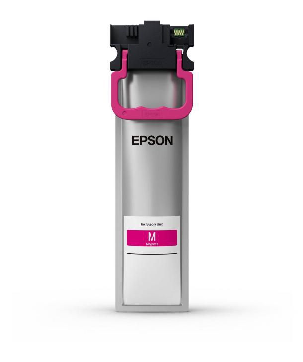 Magenta Tintenpatrone von Epson. Silberne Verpackung mit pinkem Griff.