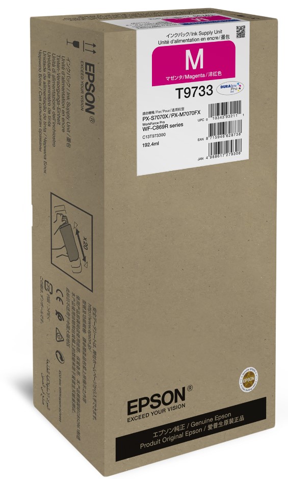 Braune Verpackung für eine magentafarbene Tintenpatrone. Auf der Vorderseite sind Produktinformationen und ein Barcode.