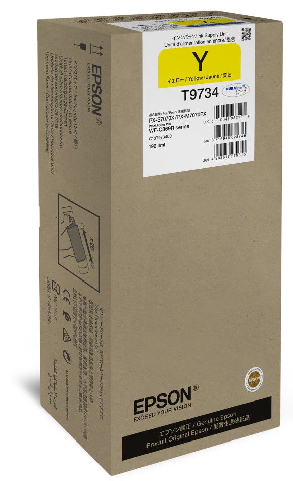 Braune Verpackung für gelbe Tinte von Epson. Auf der Seite sind Produktinformationen und ein Barcode.