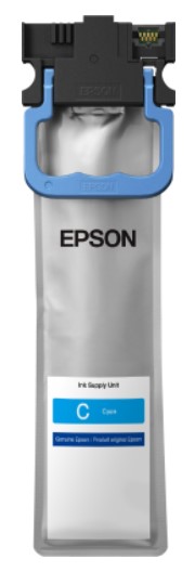 Epson Tintenpatrone in silberner Verpackung. Kennzeichnung für die Farbe Cyan.