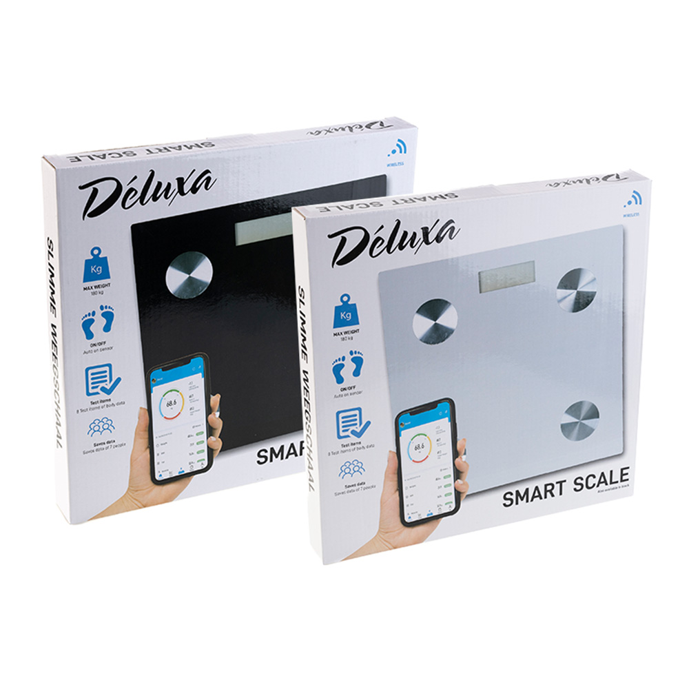 Zwei Verpackungen für digitale Waagen in schwarz und silber. Beide zeigen eine Smartphone-App zur Gewichtsanalyse.