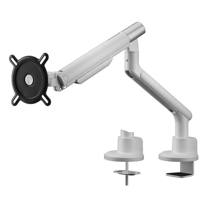 Monitorarm in silberner Farbe mit verstellbarem Arm. Enthält zwei Befestigungselemente.