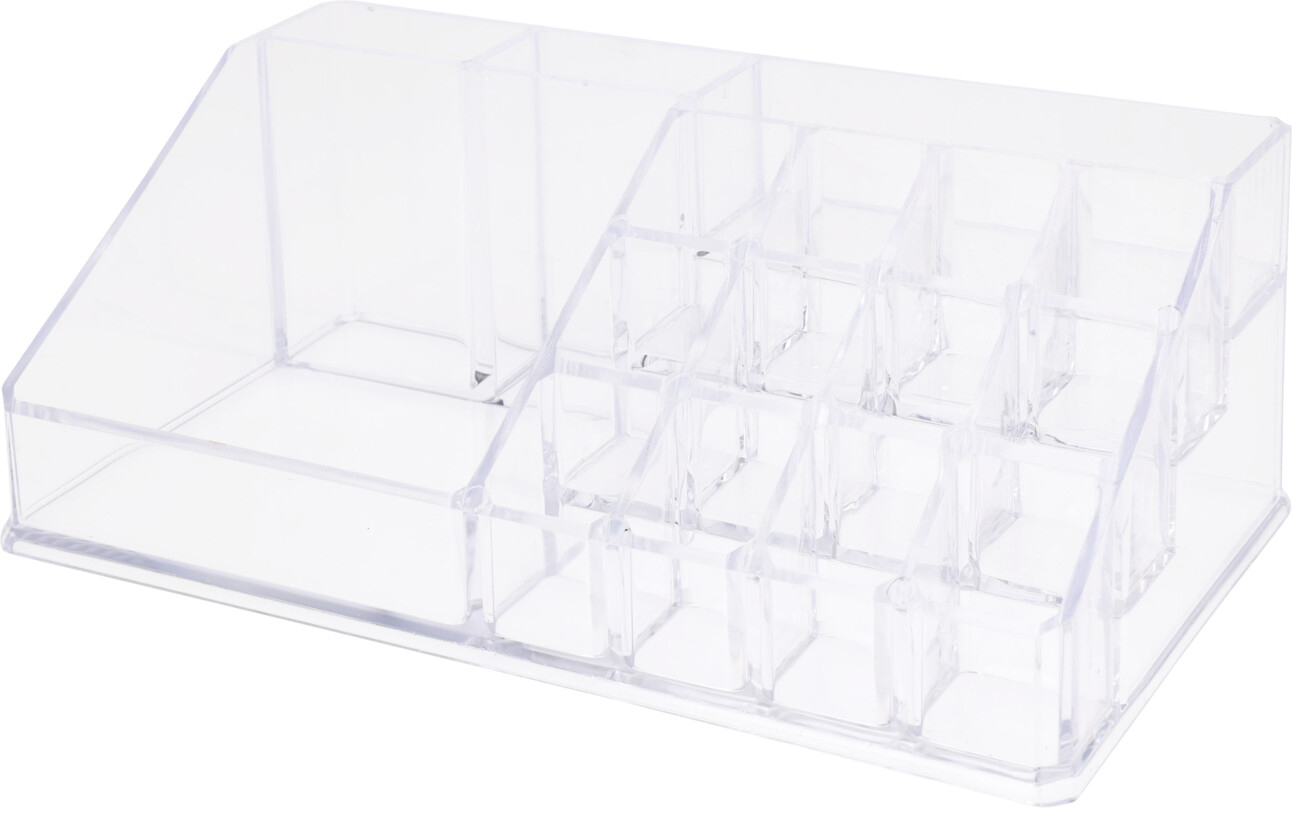 Transparente Aufbewahrungsbox mit mehreren Fächern. Links größere Ablage, rechts 12 kleine Fächer. Ideal für Organisation.