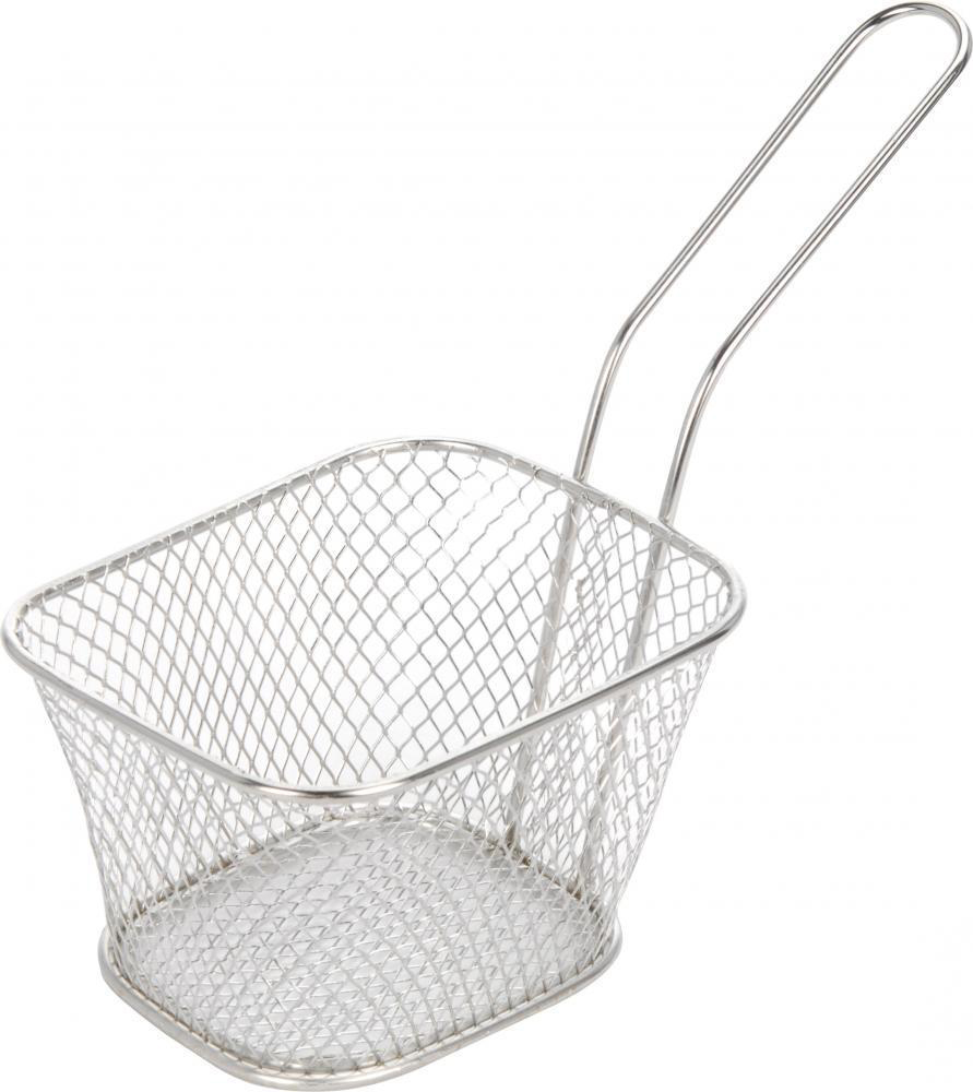 Metallener Frittierkorb mit langem Griff. Korb hat ein gitterartiges Design.