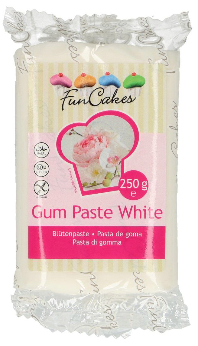 Verpackung von weißer Blütenpaste. Aufdruck mit rosa und bunten Cupcakes.