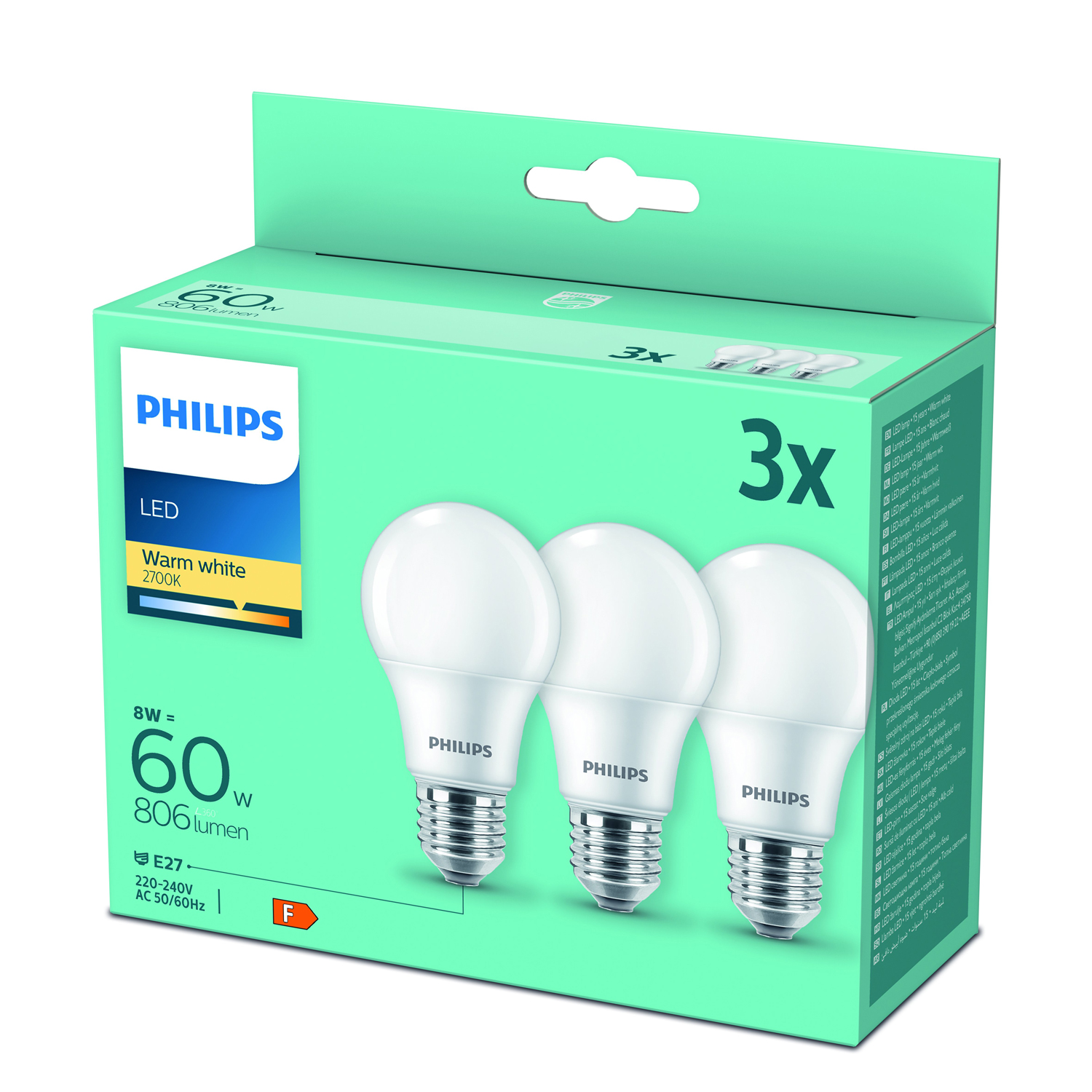 PHILIPS LED Lampen 8 W=60 W E27 3 Stück warmweiß