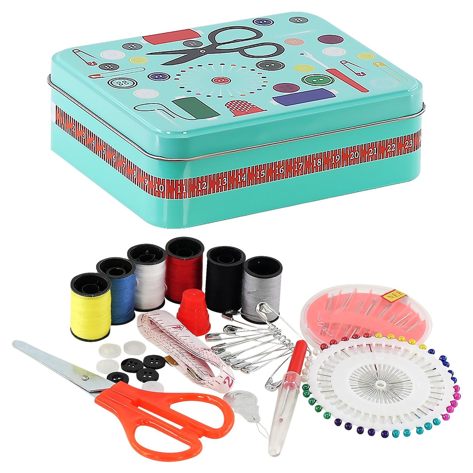 Bunte Nähbox mit verschiedenen Nähutensilien. Enthält Garnrollen, Schere, Knöpfe und Stecknadeln.
