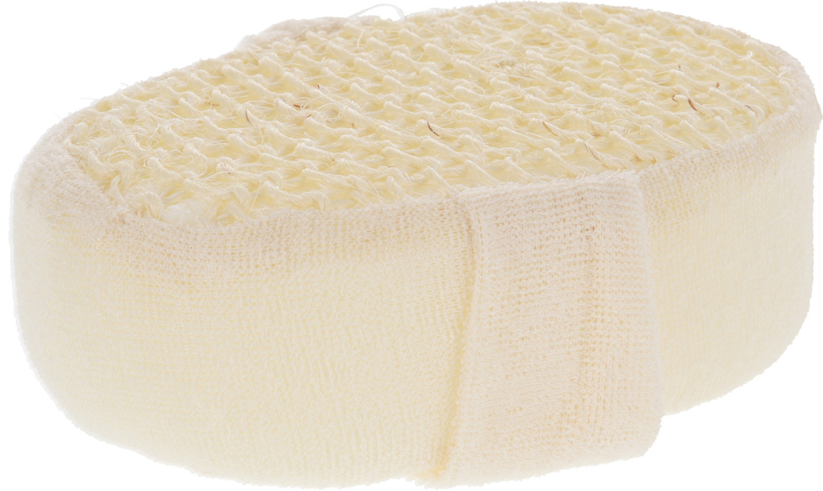 Ovaler Schwamm in hellem Beige. Strukturierte Oberfläche, weich. Mit einem Stoffband zum Halten.