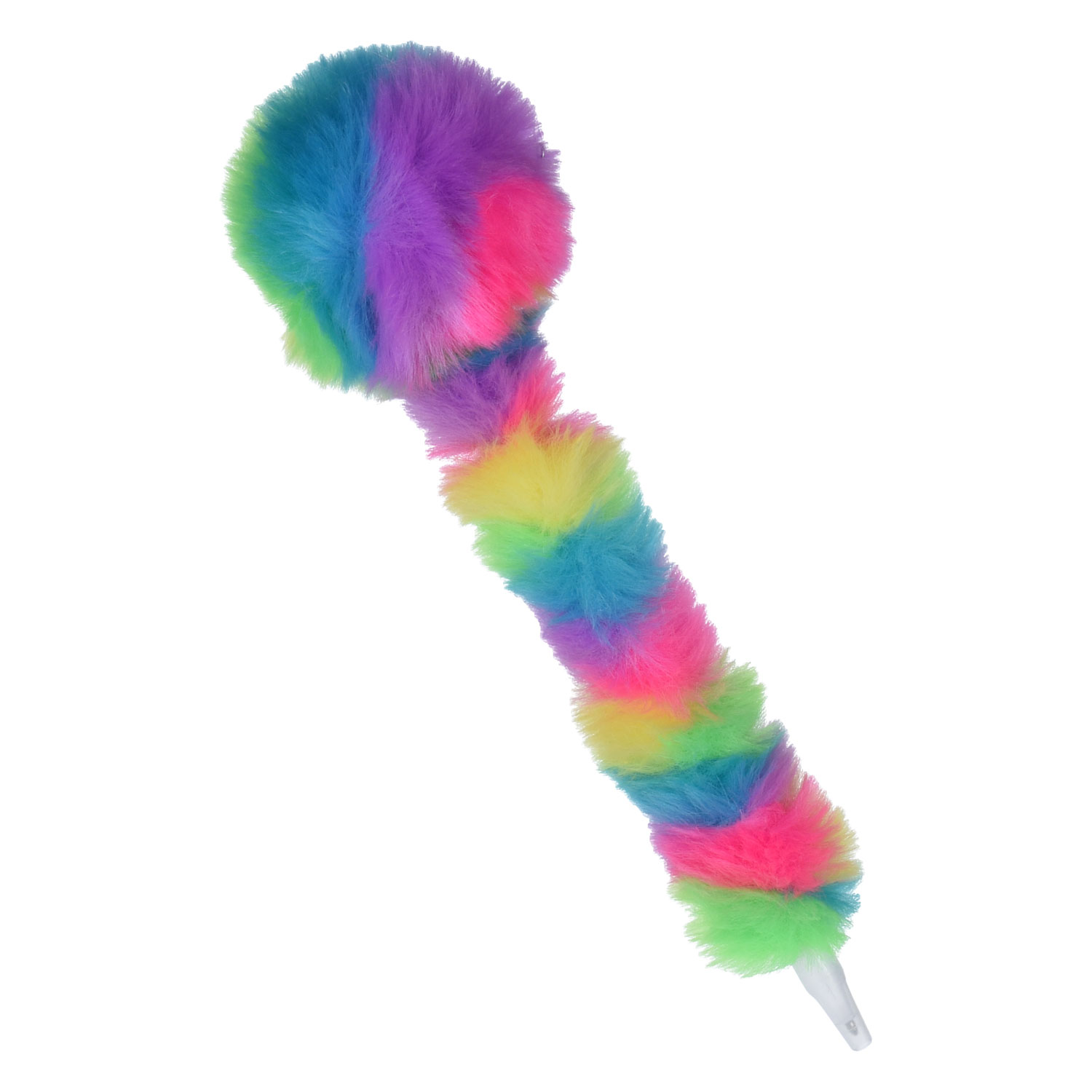 Bunter, flauschiger Stift mit einem großen, runden Kopf. Farben sind Pink, Lila, Grün und Gelb.