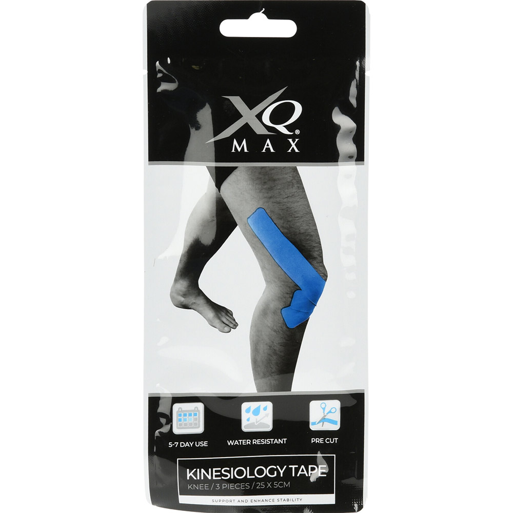 Verpackung mit Kinesiologie Tape für das Knie. Drei vorgefertigte, wasserfeste blaue Streifen.
