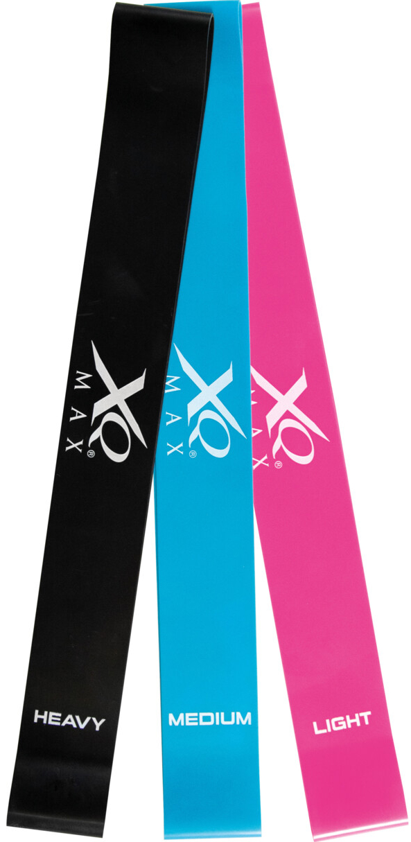 Drei Widerstandsbänder in verschiedenen Farben. Schwarz für schwer, Blau für mittel, Pink für leicht.