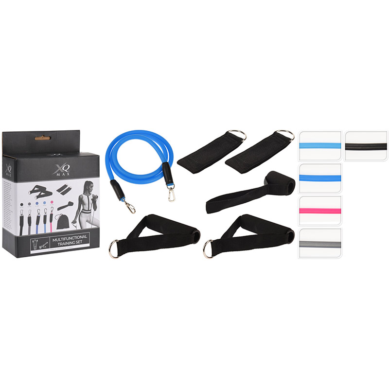 Multifunktionales Trainingsset. Enthält ein blaues Widerstandsband, schwarze Griffe und verschiedene farbige Bänder. Verpackung zeigt Trainingsanleitungen.