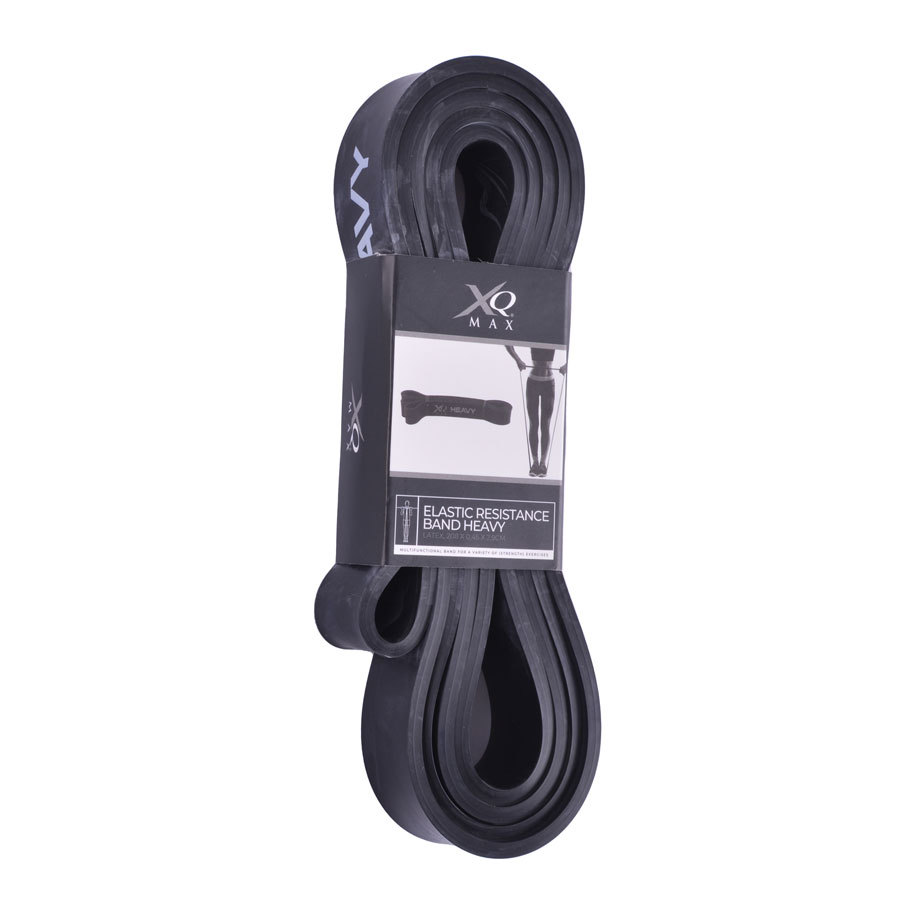 Schwarzes elastisches Widerstandsband für Fitness. Verpackt mit einem Etikett, das die Verwendung beschreibt.
