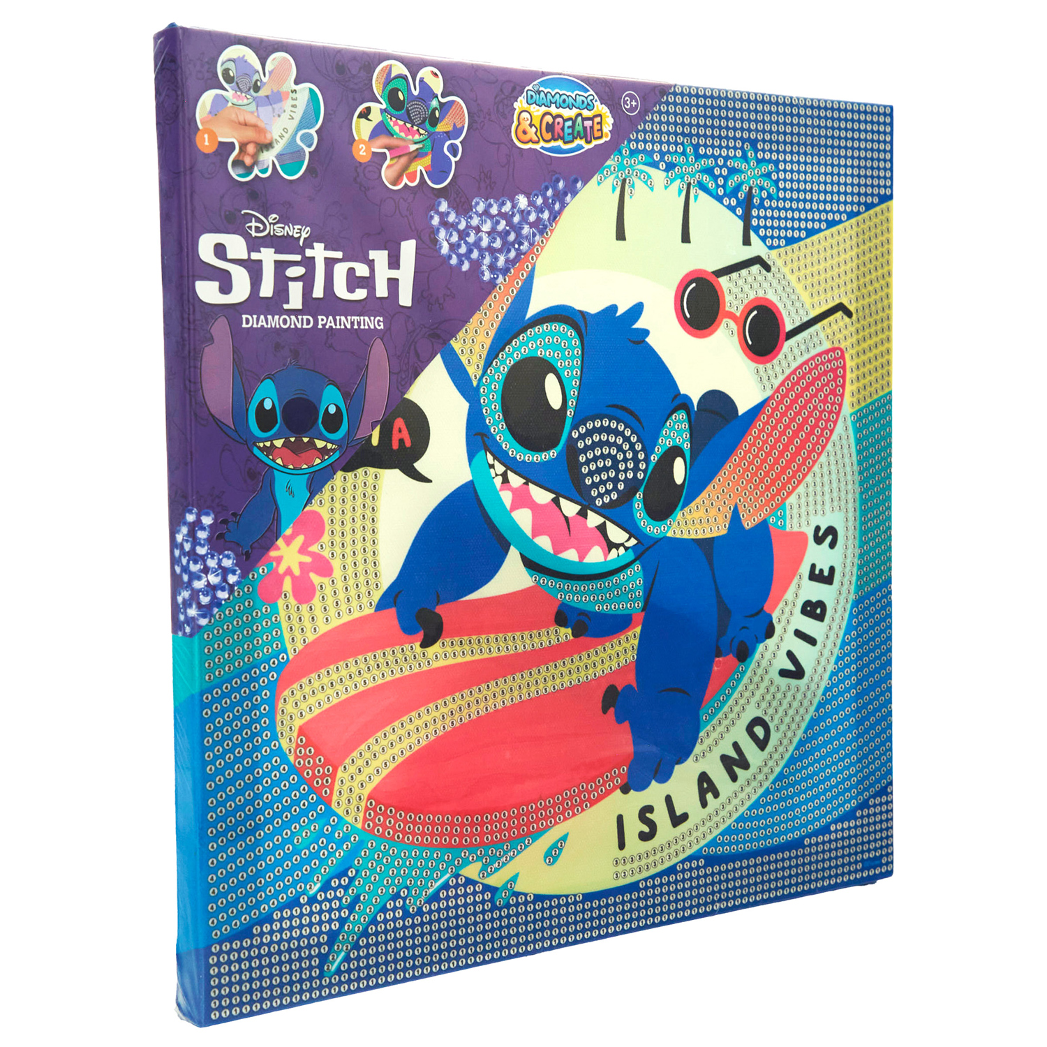 Verpackung für ein Diamond Painting Set mit Stitch von Disney. Bunte Grafik mit Surfbrett und dem Text 'Island Vibes'.
