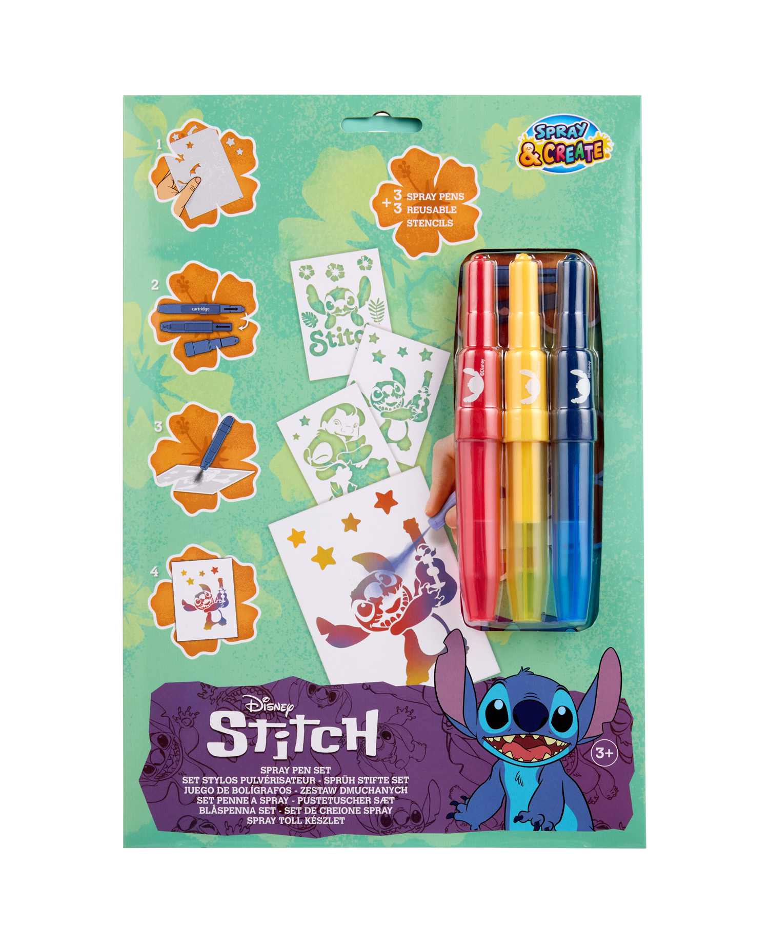 Spray Pen Set mit drei Farben. Enthält wiederverwendbare Schablonen und Illustrationen von Stitch.
