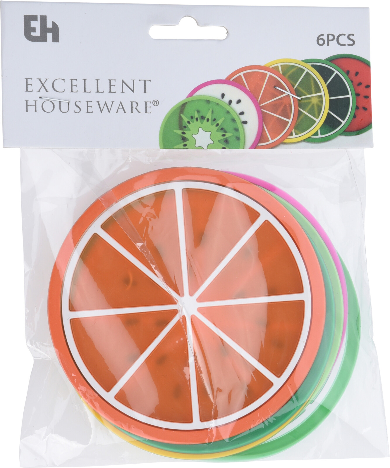 Sechs bunte Silikonuntersetzer in Fruchtform. Farben sind orange, grün, pink, gelb und rot.