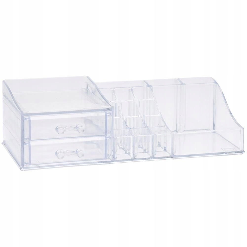 Transparente Aufbewahrungsbox mit zwei Schubladen. Enthält Fächer für Stifte und andere kleine Gegenstände.