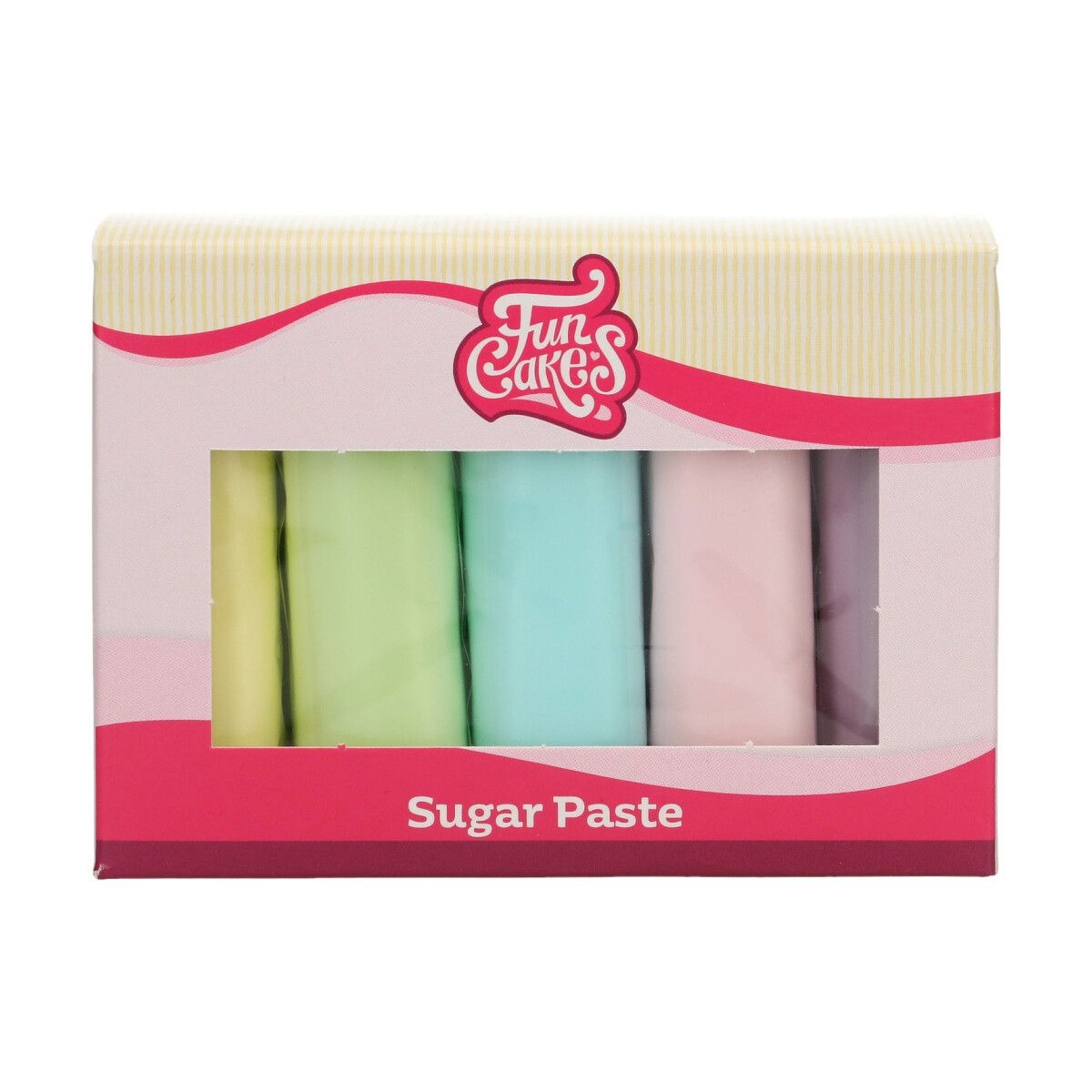 Packung mit vier verschiedenen Zuckerpasten in sanften Farben: gelb, grün, blau, rosa und lila. Verpackung mit Sichtfenster.