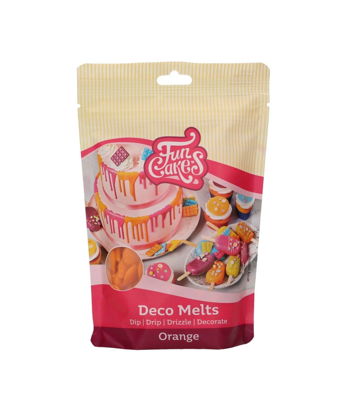Tüte mit Deco Melts in Orange. Geeignet zum Dippen, Träufeln und Dekorieren.