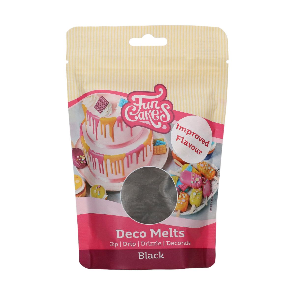 Tüte mit Deco Melts in schwarz. Für das Dekorieren von Kuchen und Süßigkeiten.