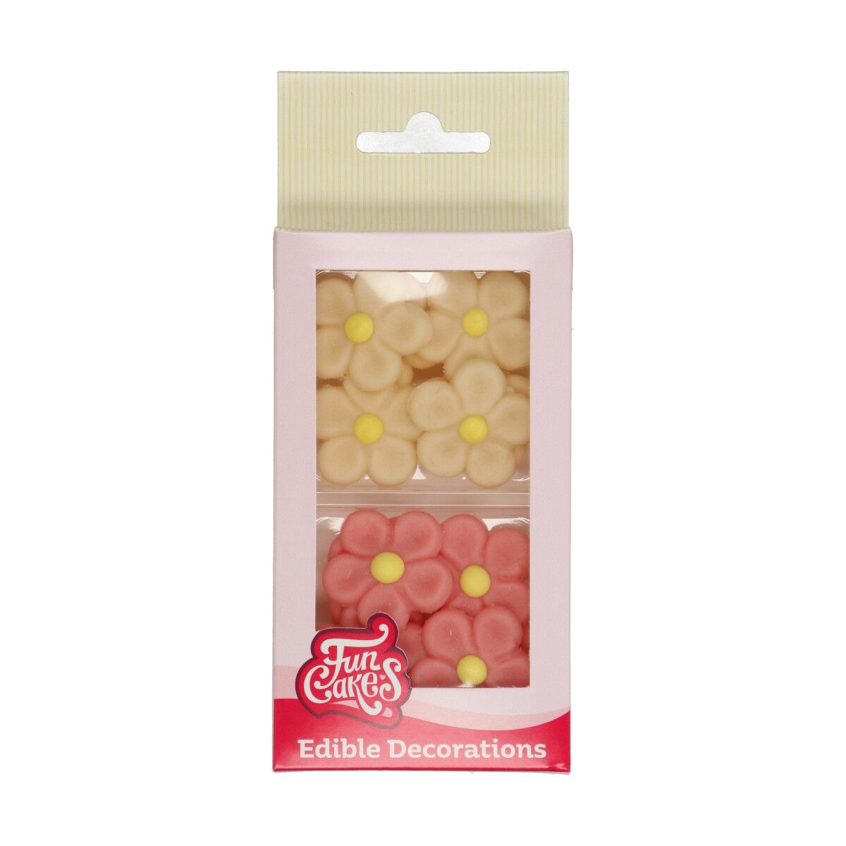 Verpackung mit essbaren Blumen-Dekorationen. Enthält gelbe und rosa Blüten.