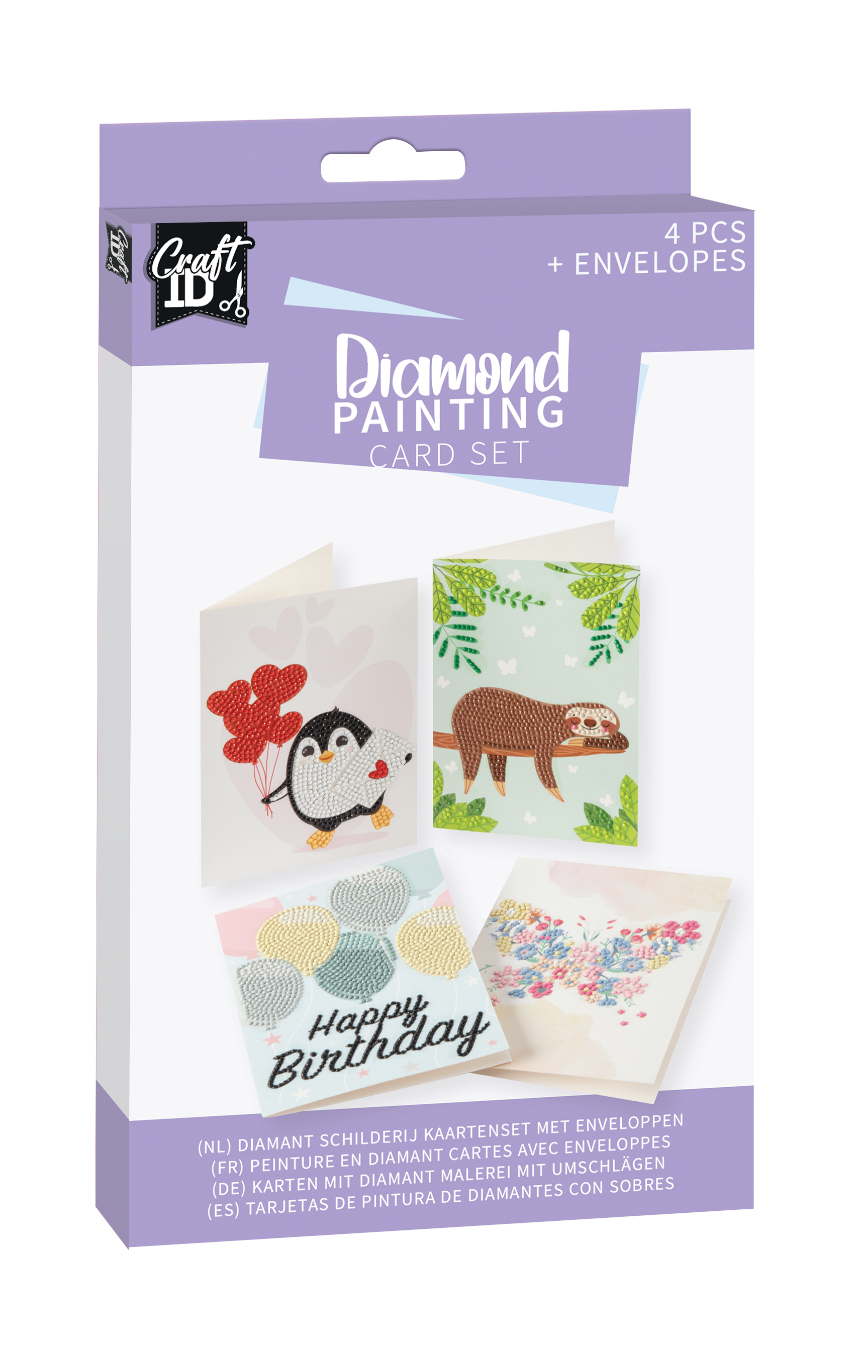 Set mit vier Karten für Diamond Painting. Enthält verschiedene Designs und passende Umschläge.