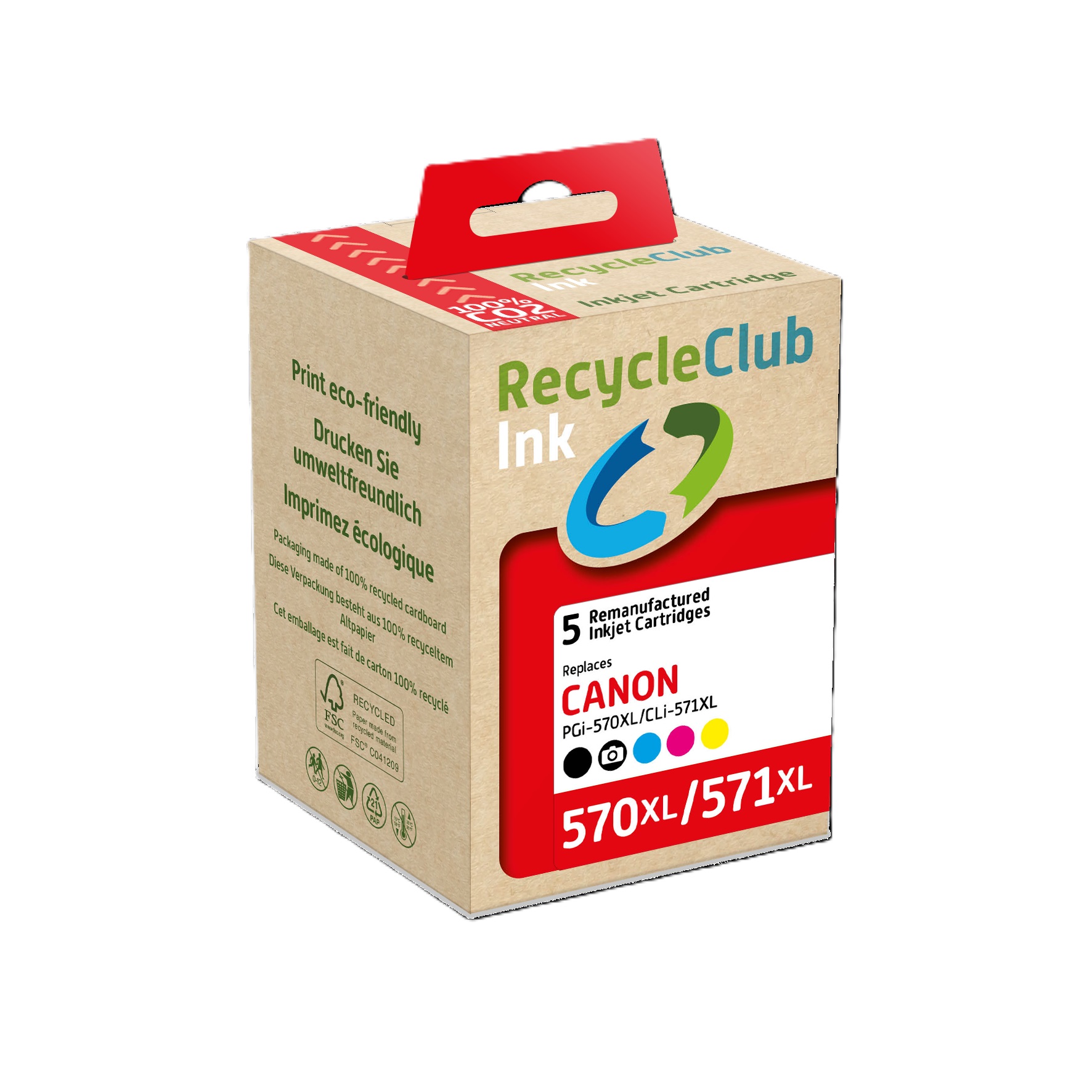 Paket mit fünf nachgebauten Tintenpatronen für Canon. Verpackung aus recyceltem Karton.