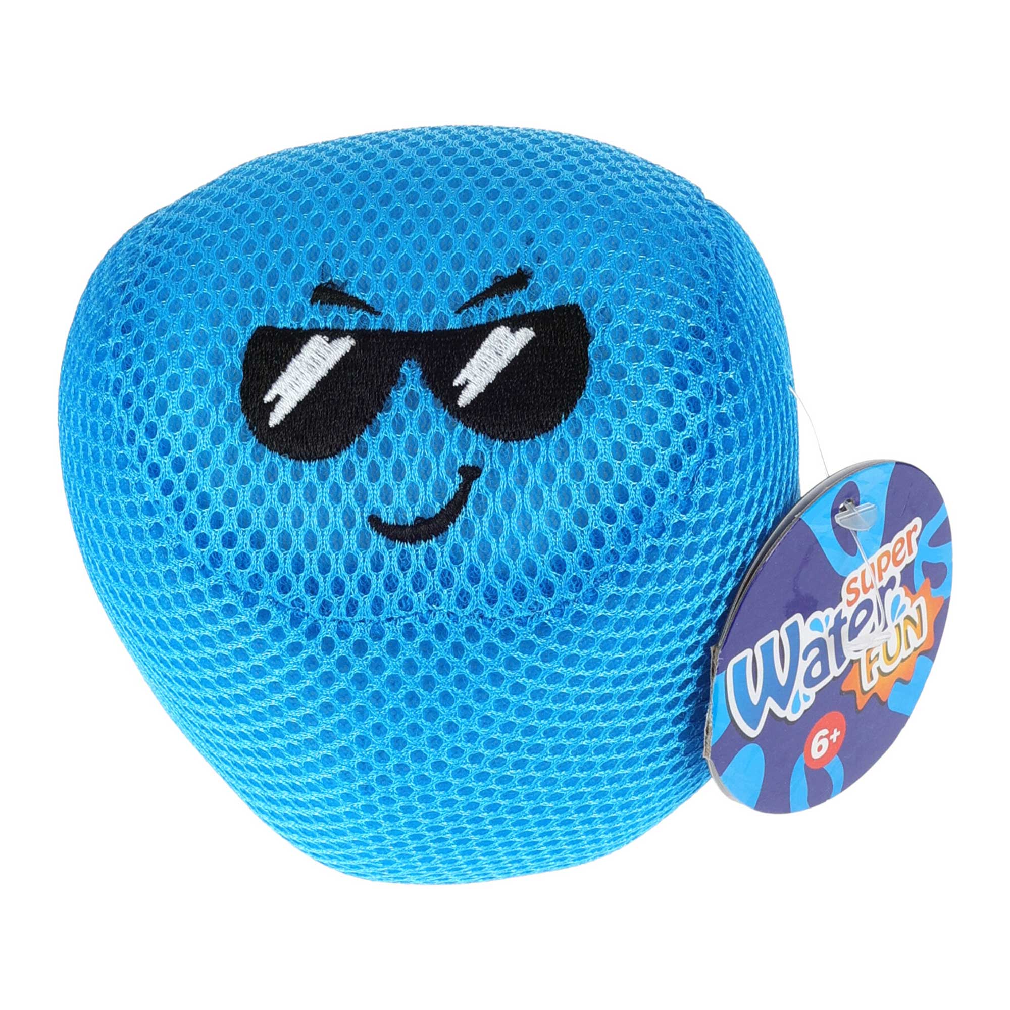 blauer, runder Schwamm mit lächelndem Gesicht und Sonnenbrille. Netzstruktur sichtbar. Hängeschild mit Aufschrift 'Super Fun'.