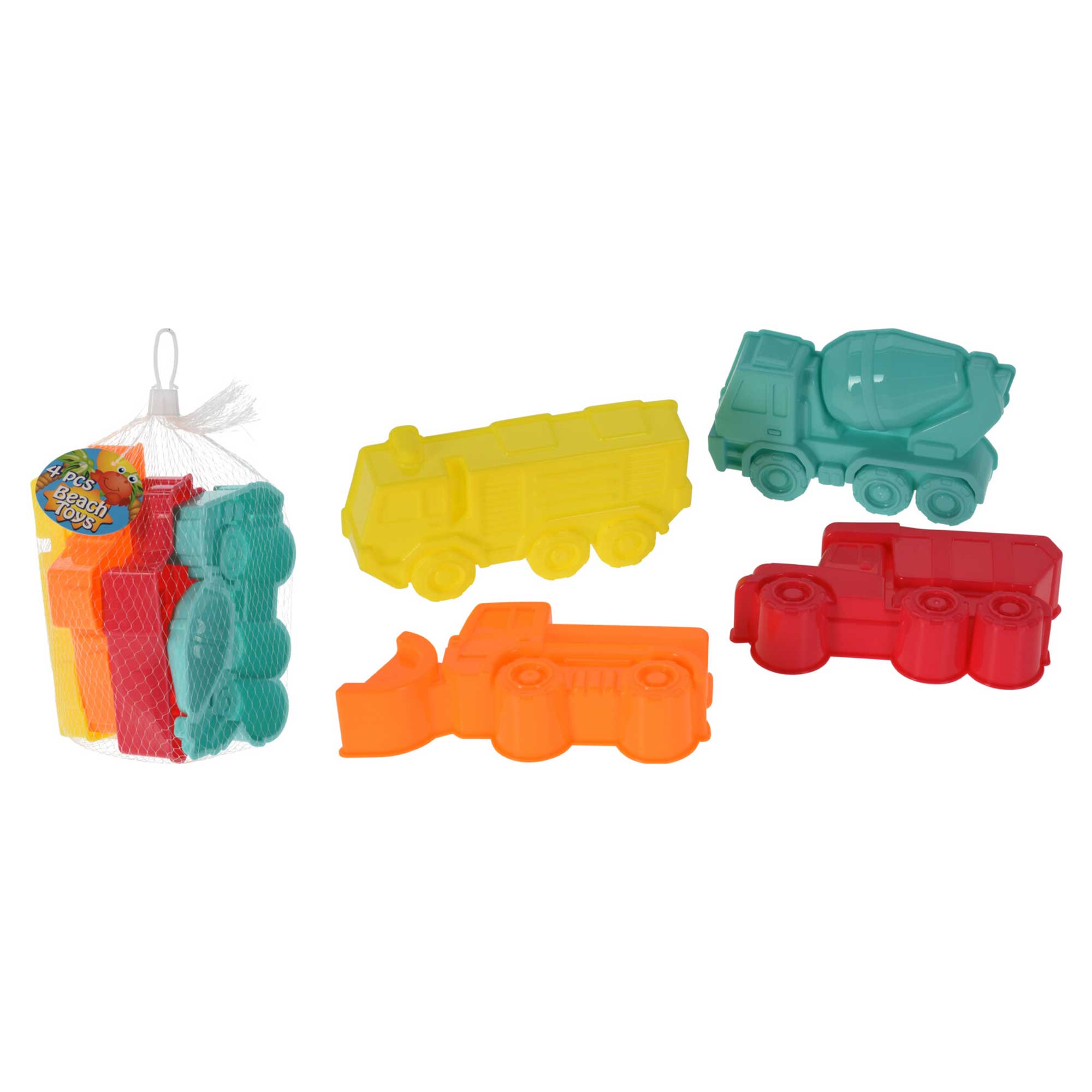 Set aus bunten Sandspielzeugen in Form von Fahrzeugen. Enthält einen Lkw, einen Betonmischer und weitere Fahrzeuge.
