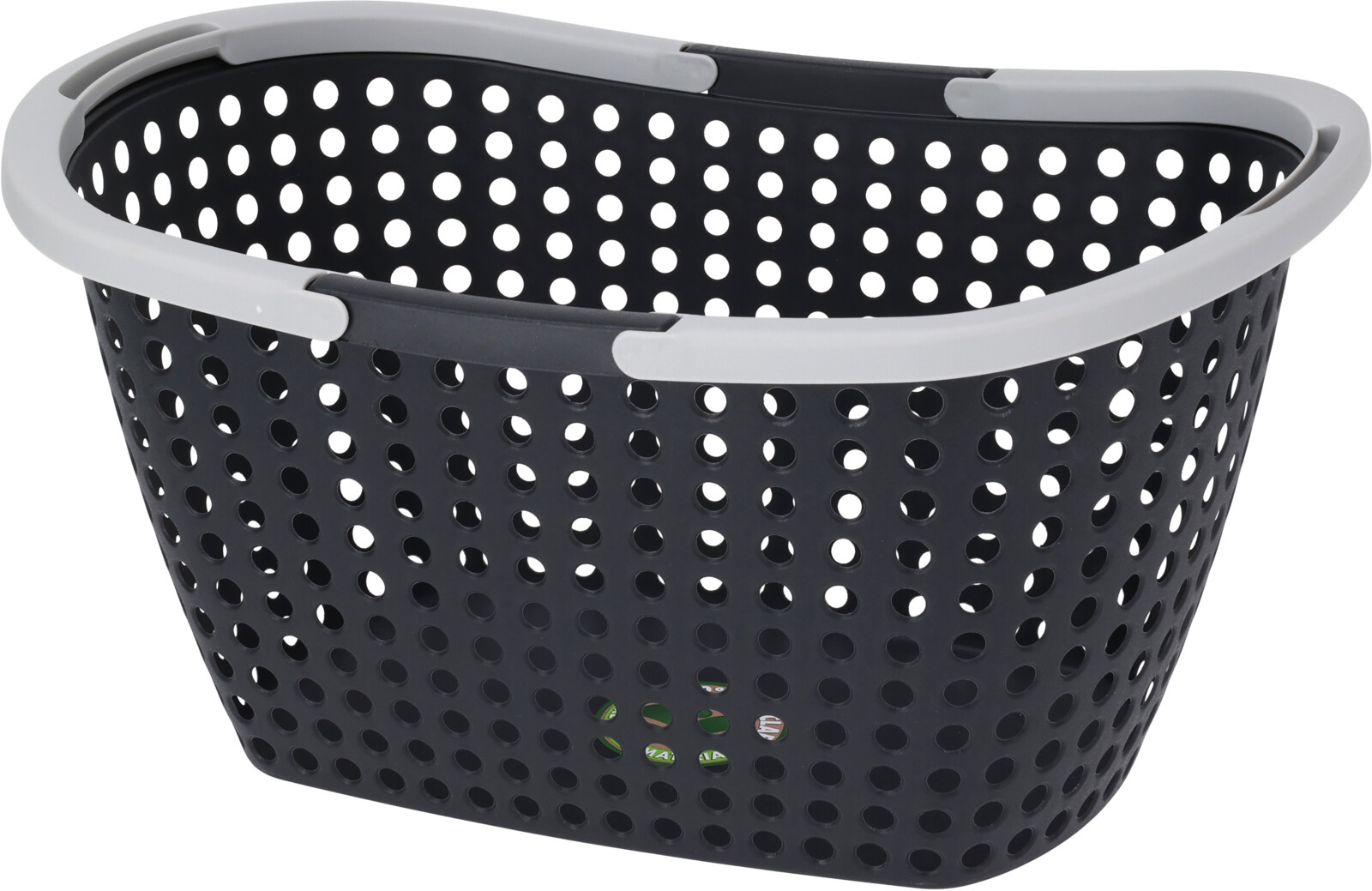 Schwarzer Wäschekorb mit großen Löchern. Grauer Rand und ergonomische Griffe.