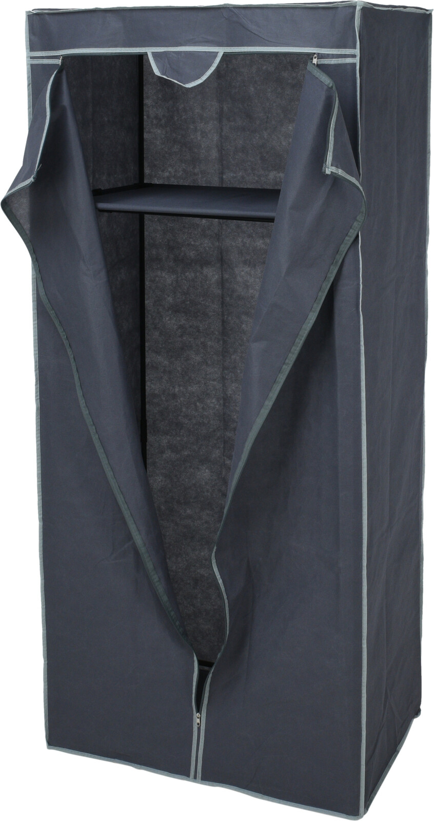 Dunkelgrauer Kleiderschrank aus Stoff. Offene Vorderseite mit Reißverschluss. Innenregal vorhanden. Schlichtes Design.