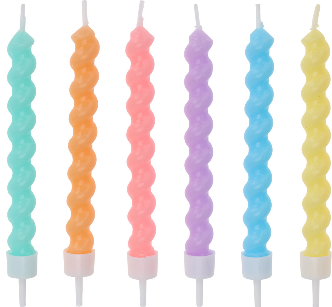 Sechs spiralförmige Kerzen in verschiedenen Farben. Farben sind mintgrün, orange, pink, lila, blau und gelb.