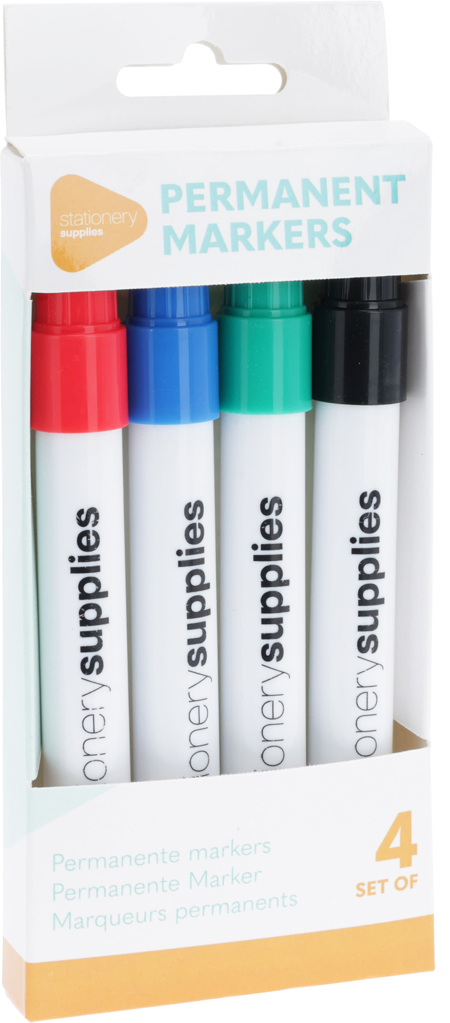 Set von vier permanenten Markern. Farben: Rot, Blau, Grün, Schwarz. Weiße Körper mit schwarzem Schriftzug. Verpackung mit Aufhänger.