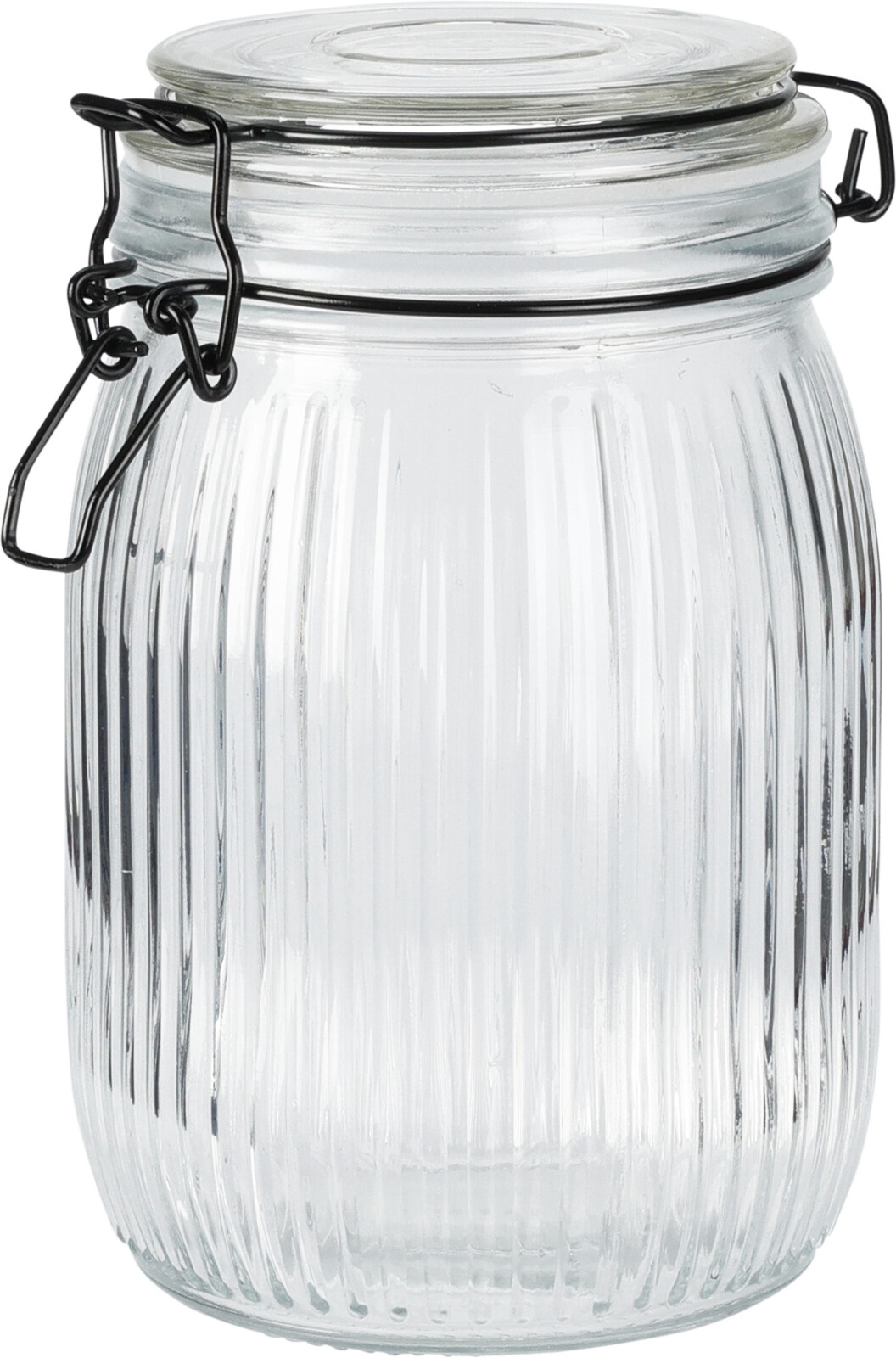 Durchsichtiger Glasbehälter mit Deckel und Drahtverschluss. Geriffelte Oberfläche.