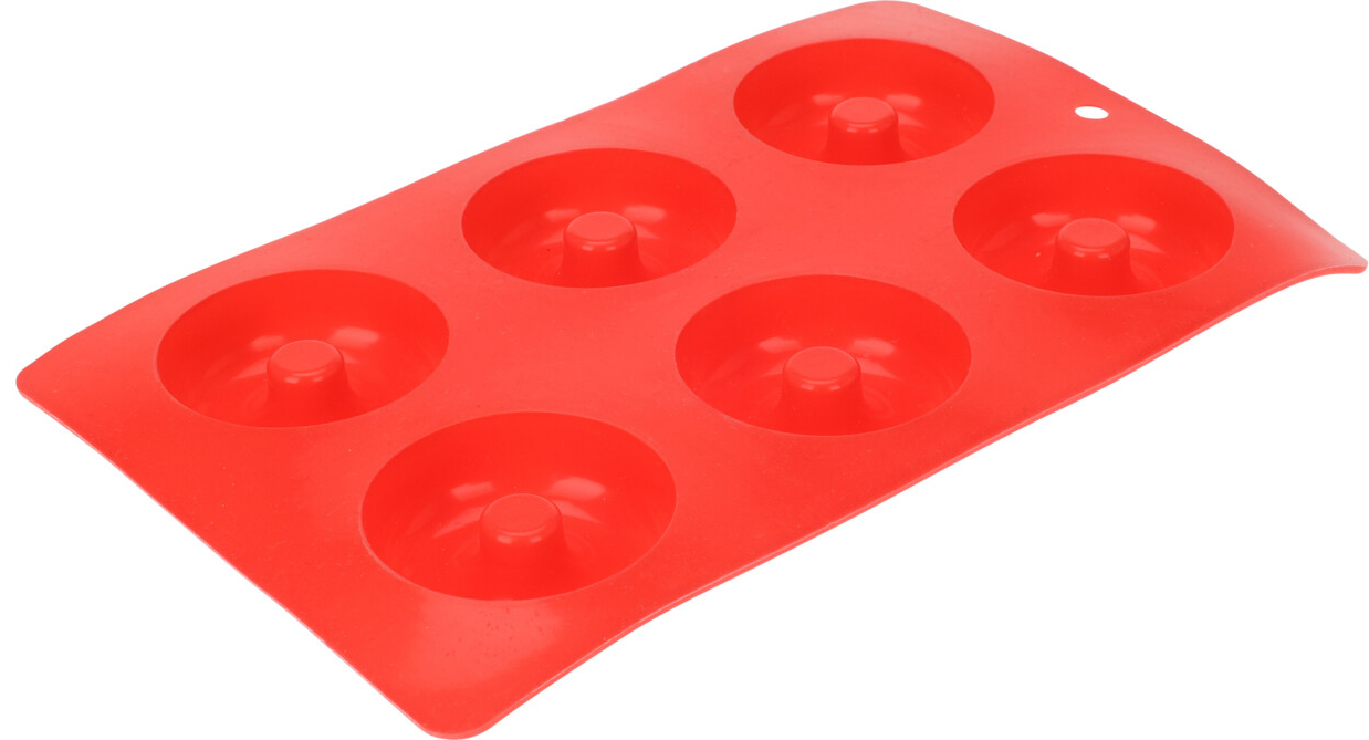 Rote Silikonform mit sechs runden Vertiefungen. Ideal zum Backen oder Einfrieren.